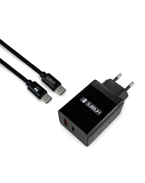 Wall Charger + USB A to USB C Cable Subblim CARGADOR ULTRA RAPIDO 2xUSB DE PARED PD18W+2.4A + Cable C to C Negro 1